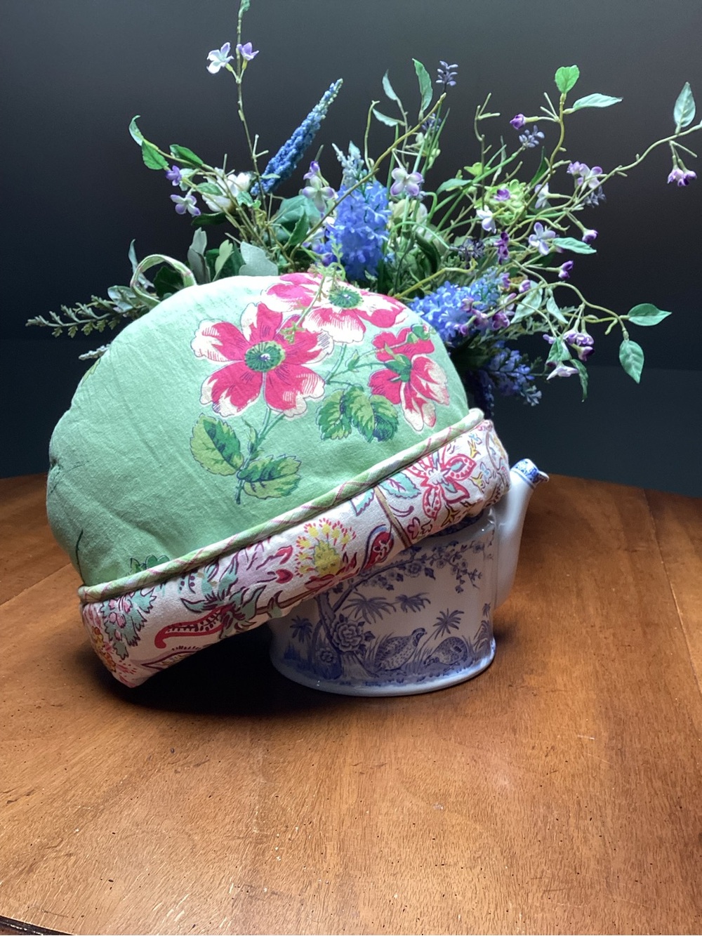 Floral Quilted Green Tea Cozy with Pink Blooms